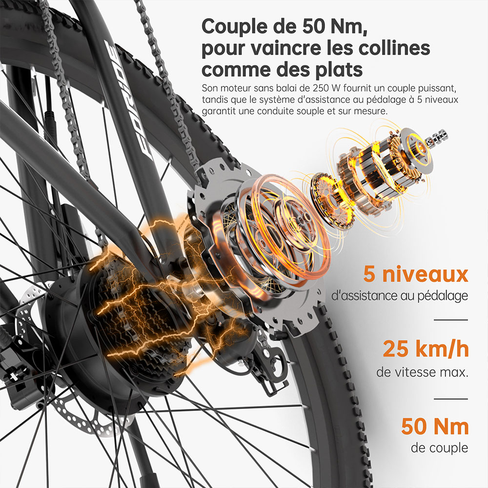 Foride Xtremer 2 V&eacute;lo &eacute;lectrique, moteur 250 W, batterie 36 V 15,6 Ah, pneus 29 pouces, vitesse maximale 25 km/h, autonomie maximale 120 km, frein &agrave; disque hydraulique, fourche &agrave; suspension verrouillable, transmission Shimano 24 vitesses