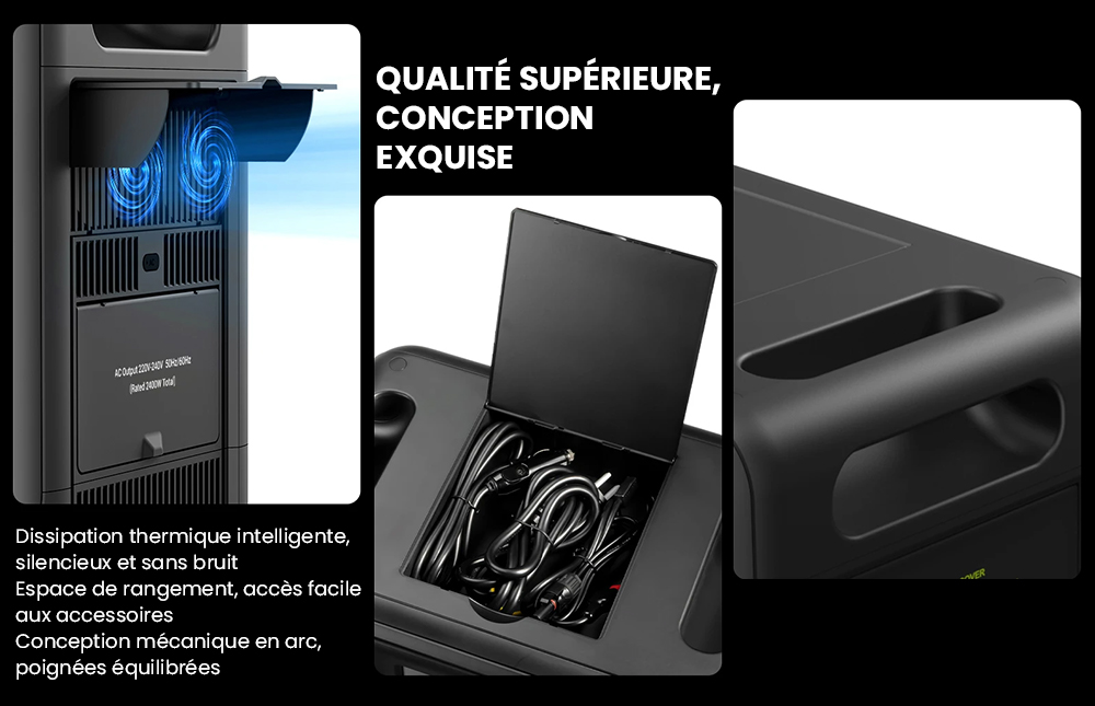 Centrale &eacute;lectrique portable FOSSiBOT F2400, batterie LiFePO4 2048 Wh/640&nbsp;000 mAh, g&eacute;n&eacute;rateur solaire 2&nbsp;400 W (4&nbsp;600 W en cr&ecirc;te), 3 prises AC RV Car USB Type-C QC3.0 PD DC5521 &agrave; onde sinuso&iuml;dale pure, charge rapide en 1,5 heure, contr&ocirc;leur de charge MPPT BMS - Noir