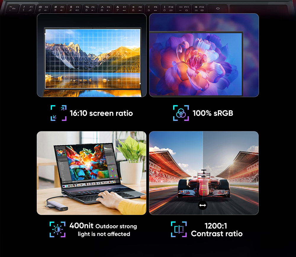 N-one NBook Fly two screens Laptop Intel&reg; Core&trade; i7-10850H 2.7Ghz  16inch 1920*1200 Full-screen  14inch 1920*550 RAM:16GB DDR4  ROM:1TBSSD   1.0MP Camera 11.4V 51Wh  Windows 11pro  USB3.0*3 USB-c *1