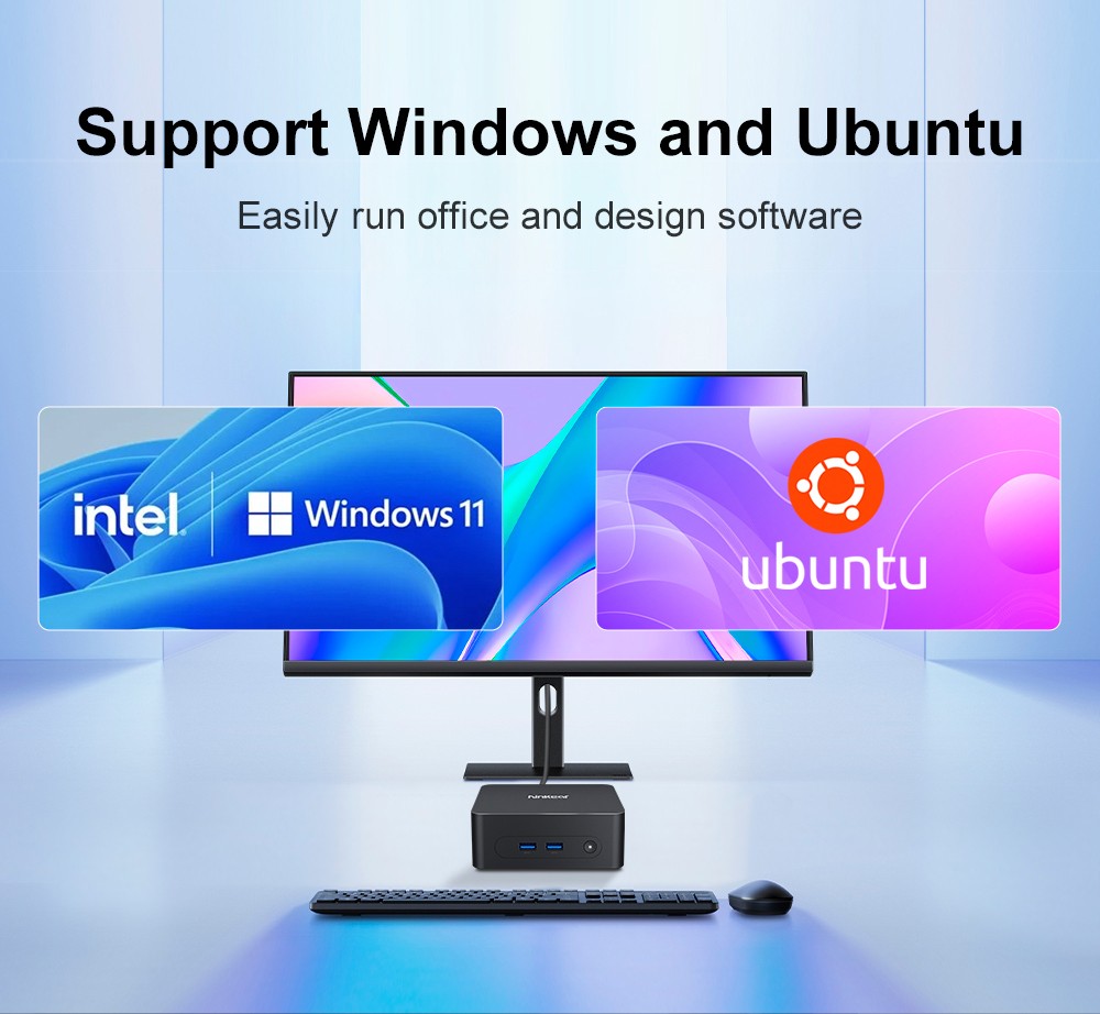Ninkear N10 Mini PC, Intel N100 4 cœurs Max 3,4 GHz, 16 Go de RAM 512 Go SSD, 2 * HDMI 2.0 (4K à 60 Hz) double écran, 2,4 / 5 GHz WiFi Bluetooth 5.0, 1 * Type C, 3 * USB 3.0 1 * USB 2.0 1 * RJ45 1 * prise casque