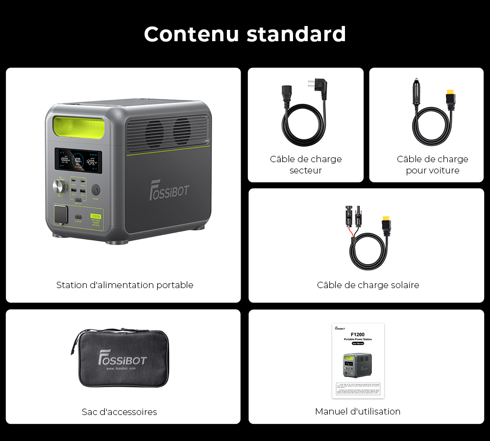 Centrale &eacute;lectrique portable FOSSiBOT F1200, capacit&eacute; de 1&nbsp;024 Wh, puissance nominale de 1&nbsp;200 W, 3 modes d'&eacute;clairage LED, 7 ports de sortie, protection BMS, commutation <&nbsp;10 ms, r&eacute;gulateur d'entr&eacute;e &agrave; 5 vitesses, batterie LiFePO4 de qualit&eacute; EV, plus de 4&nbsp;000 cycles