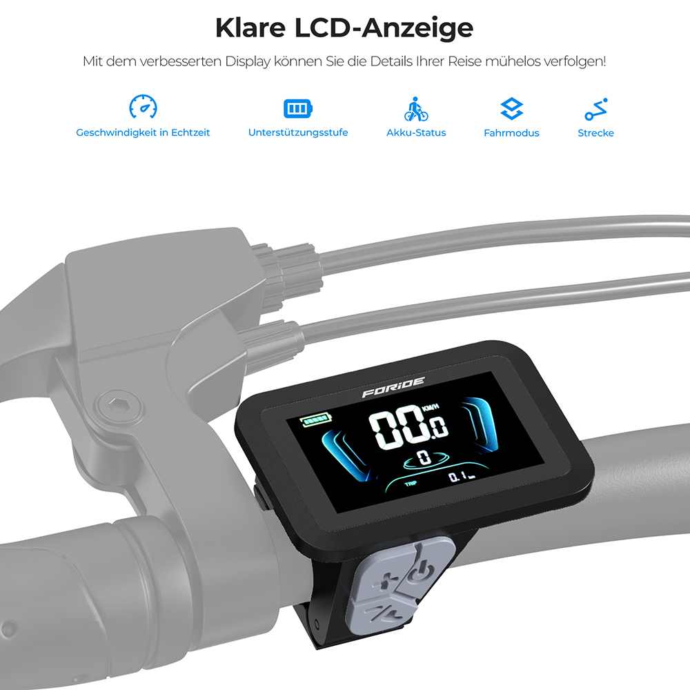 Foride Roamer 1 Step-over-Elektrofahrrad, 250-W-Motor, 36-V-13-Ah-Akku, 27,5-Zoll-Reifen, 25 km/h H&ouml;chstgeschwindigkeit, 100 km maximale Reichweite, Scheibenbremse, Federung mit Sperre, Shimano 7-Gang
