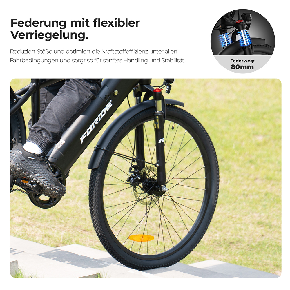 Foride Roamer 1 Step-over-Elektrofahrrad, 250-W-Motor, 36-V-13-Ah-Akku, 27,5-Zoll-Reifen, 25 km/h H&ouml;chstgeschwindigkeit, 100 km maximale Reichweite, Scheibenbremse, Federung mit Sperre, Shimano 7-Gang
