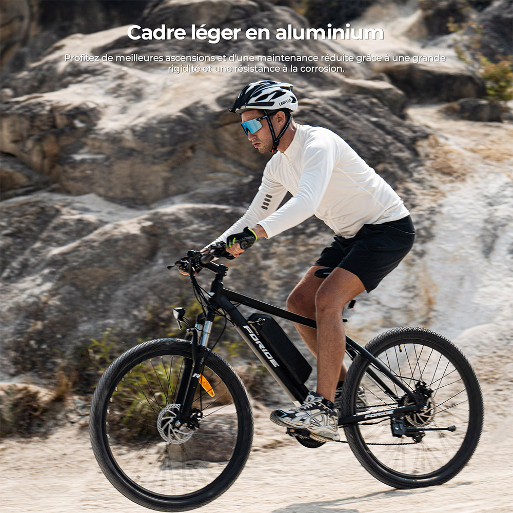 Foride Xtremer 1 Vélo électrique, moteur 250 W, batterie 36 V 13 Ah, pneus 29 pouces, vitesse maximale 25 km/h, autonomie maximale 100 km, freins à disque et freins à main, suspension avec blocage, transmission Shimano 21 vitesses