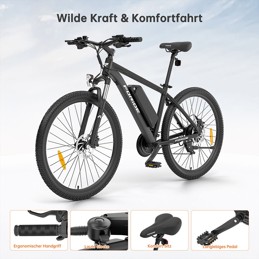 Foride Xtremer 2 Elektrofahrrad, 250W Motor, 36V 15,6Ah Akku, 27,5 x 2,35 Zoll Reifen, 25 km/h H&ouml;chstgeschwindigkeit, 120 km maximale Reichweite, hydraulische Scheibenbremse, feststellbare Federgabel, Shimano 24-Gang-Getriebe