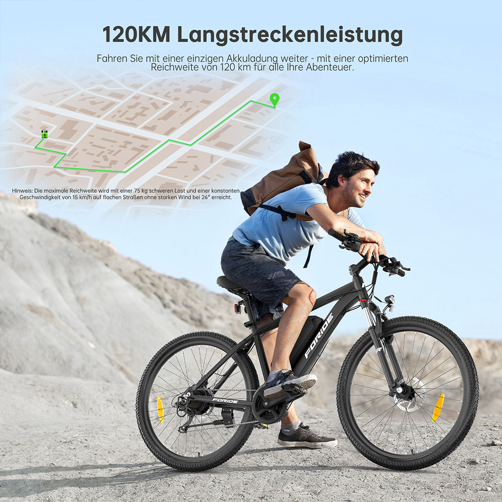 Foride Xtremer 2 Elektrofahrrad, 250W Motor, 36V 15,6Ah Akku, 29 x 2,35 Zoll Reifen, 25 km/h H&ouml;chstgeschwindigkeit, 120 km maximale Reichweite, hydraulische Scheibenbremse, feststellbare Federgabel, Shimano 24-Gang-Getriebe