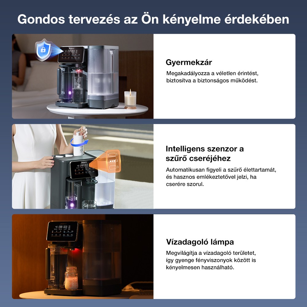 JIMMY R9 Asztali Reverz Ozm&oacute;zis V&iacute;zszűrő, 7 Fokozat + UV + &Aacute;sv&aacute;nyoz&aacute;s, 3s Melegv&iacute;z, 7 Hőfok, 3:1 Ar&aacute;ny, Sz&uuml;rke