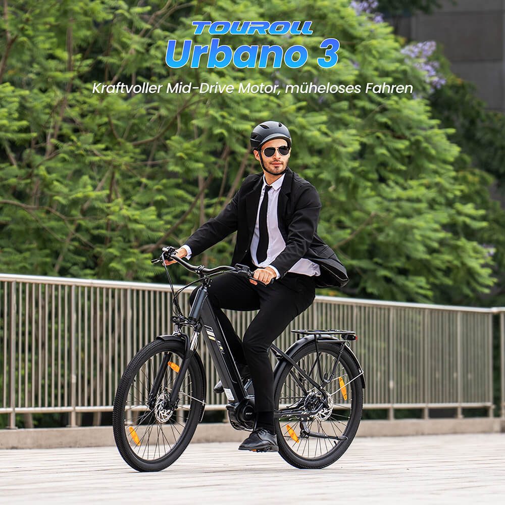 Touroll Urbano 3 Elektrofahrrad, 250-W-Mittelmotor, 36-V-13-Ah-Akku, 27,5-Zoll-Reifen, 25 km/h H&ouml;chstgeschwindigkeit, 120 km Reichweite, hydraulische Scheibenbremse, Federgabel mit Verriegelung
