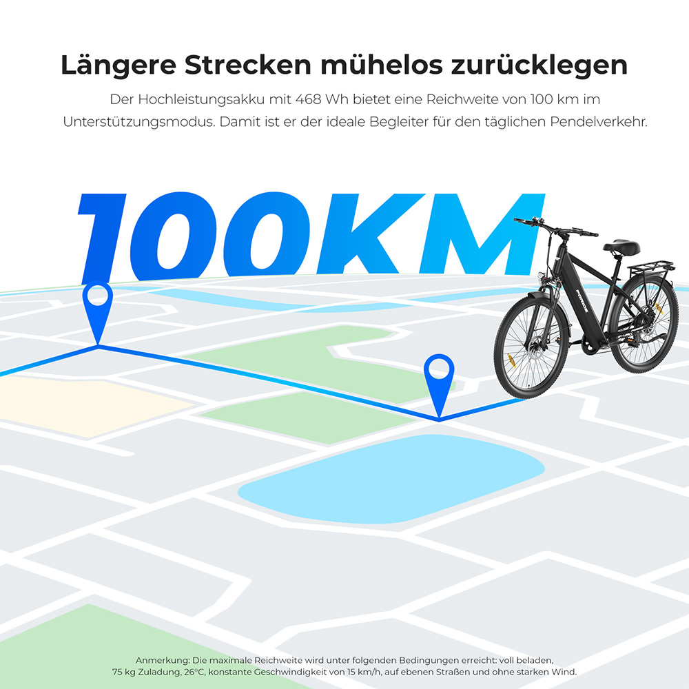 Foride Roamer 1 Step-over-Elektrofahrrad, 250-W-Motor, 36-V-13-Ah-Akku, 27,5-Zoll-Reifen, 25 km/h H&ouml;chstgeschwindigkeit, 100 km maximale Reichweite, Scheibenbremse, Federung mit Sperre, Shimano 7-Gang