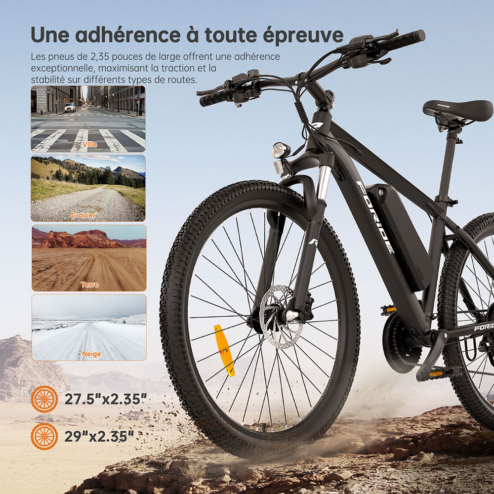 Foride Xtremer 2 V&eacute;lo &eacute;lectrique, moteur 250 W, batterie 36 V 15,6 Ah, pneus 29 pouces, vitesse maximale 25 km/h, autonomie maximale 120 km, frein &agrave; disque hydraulique, fourche &agrave; suspension verrouillable, transmission Shimano 24 vitesses