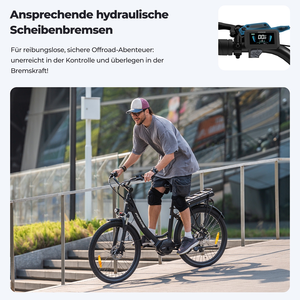 Foride Urbano 2 Elektrofahrrad, 250-W-Mittelmotor, 36-V-13-Ah-Akku, 26-Zoll-Reifen, 25 km/h H&ouml;chstgeschwindigkeit, 100 km Reichweite, hydraulische Scheibenbremse, Federung mit Sperre, Shimano 7-Gang