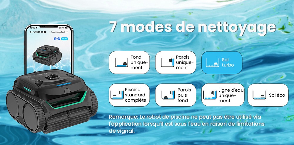 Aspirateur robot de piscine sans fil WYBOT C2, nettoyage des parois et des lignes de flottaison, double filtration de nettoyage, pour piscines creus&eacute;es jusqu'&agrave; 2512 pi2, noir vert