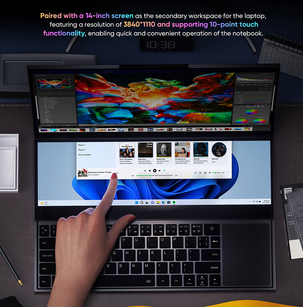 N-one NBook Fly two screens Laptop Intel&reg; Core&trade; i7-10850H 2.7Ghz  16inch 1920*1200 Full-screen  14inch 1920*550 RAM:16GB DDR4  ROM:1TBSSD   1.0MP Camera 11.4V 51Wh  Windows 11pro  USB3.0*3 USB-c *1