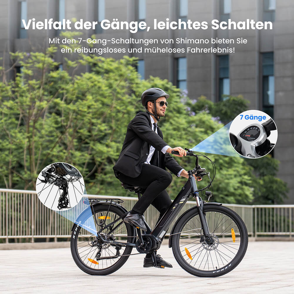 Touroll Urbano 3 Elektrofahrrad, 250-W-Mittelmotor, 36-V-13-Ah-Akku, 27,5-Zoll-Reifen, 25 km/h H&ouml;chstgeschwindigkeit, 120 km Reichweite, hydraulische Scheibenbremse, Federgabel mit Verriegelung