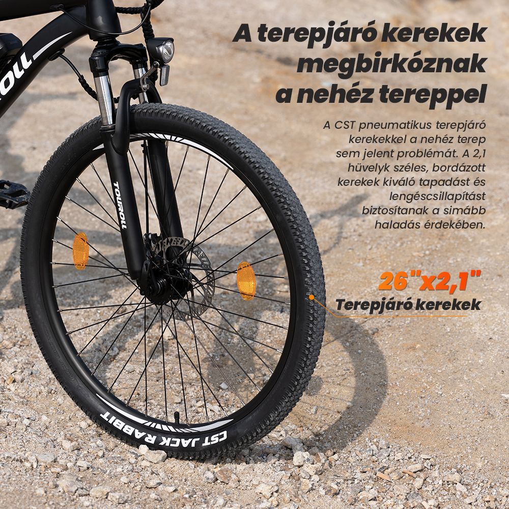 Touroll U1 26 h&uuml;velykes elektromos hegyiker&eacute;kp&aacute;r 250 W-os motorral, 36 V 13 Ah kivehető akkumul&aacute;torral, 65 km-es max. hat&oacute;t&aacute;vols&aacute;ggal, Shimano 21 sebess&eacute;ges hajt&aacute;sl&aacute;nccal, Shimano 21 sebess&eacute;ges t&aacute;rcsaf&eacute;kkel, IPX4 v&iacute;z&aacute;ll&oacute;s&aacute;ggal - fekete