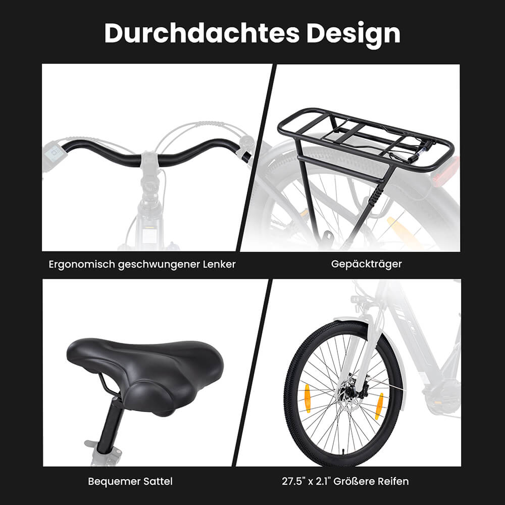 Touroll Urbano 3 Elektrofahrrad, 250-W-Mittelmotor, 36-V-13-Ah-Akku, 27,5-Zoll-Reifen, 25 km/h H&ouml;chstgeschwindigkeit, 120 km Reichweite, hydraulische Scheibenbremse, Federgabel mit Verriegelung