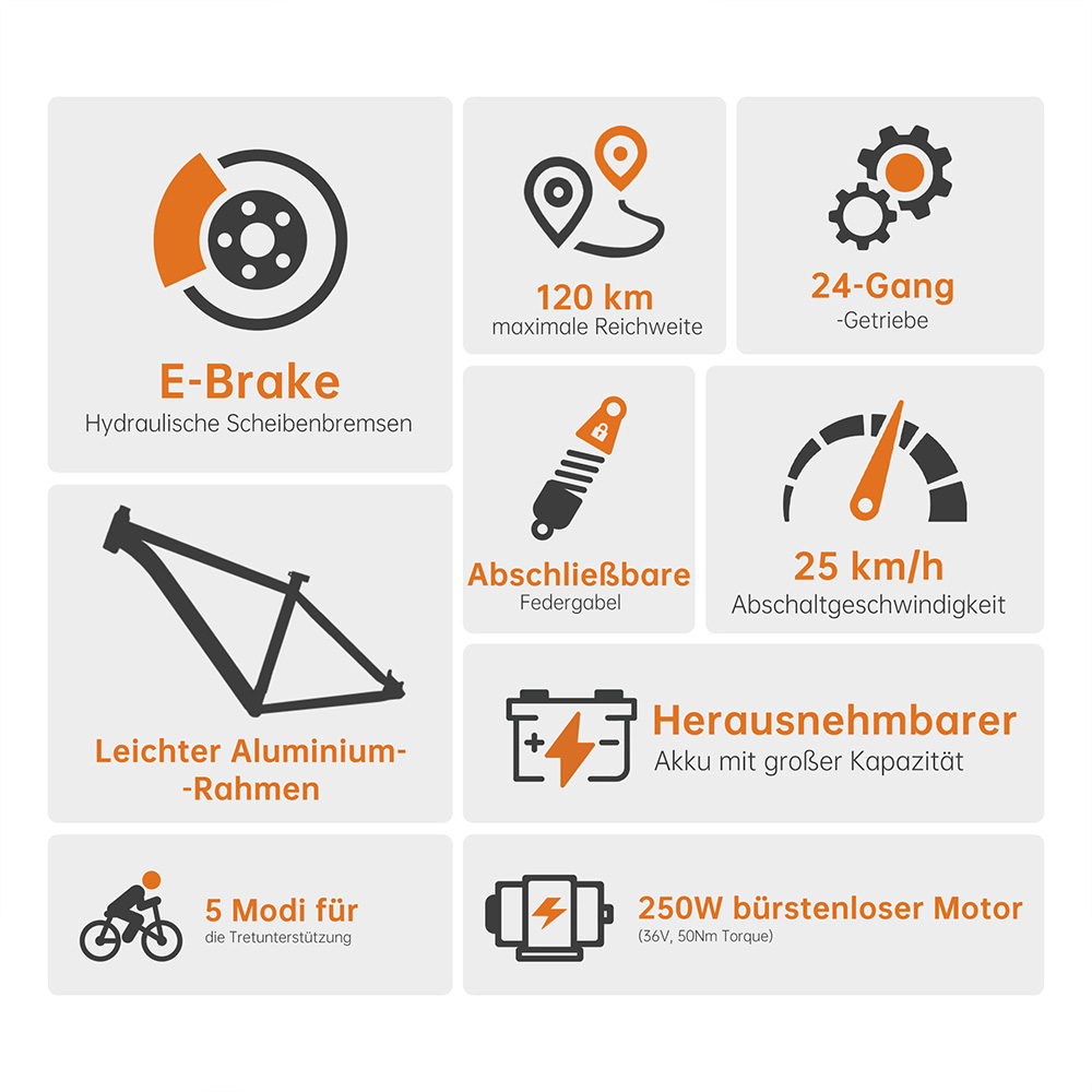 Foride Xtremer 2 Elektrofahrrad, 250W Motor, 36V 15,6Ah Akku, 29 x 2,35 Zoll Reifen, 25 km/h H&ouml;chstgeschwindigkeit, 120 km maximale Reichweite, hydraulische Scheibenbremse, feststellbare Federgabel, Shimano 24-Gang-Getriebe