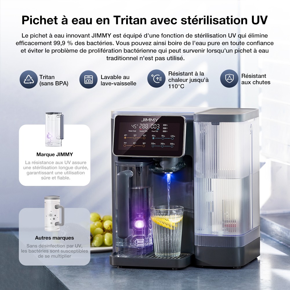 JIMMY R9 Purificateur d'Eau &agrave; Osmose Inverse pour Plan de Travail, 7 &Eacute;tapes + UV + Min&eacute;ralisation, Chauffage 3s, 7 Temp&eacute;ratures, Ratio 3:1, Gris