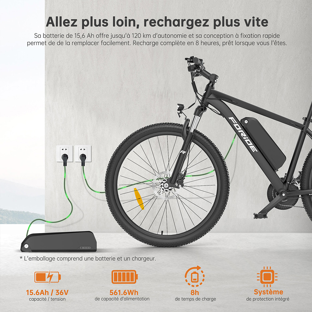 Foride Xtremer 2 V&eacute;lo &eacute;lectrique, moteur 250 W, batterie 36 V 15,6 Ah, pneus 29 pouces, vitesse maximale 25 km/h, autonomie maximale 120 km, frein &agrave; disque hydraulique, fourche &agrave; suspension verrouillable, transmission Shimano 24 vitesses