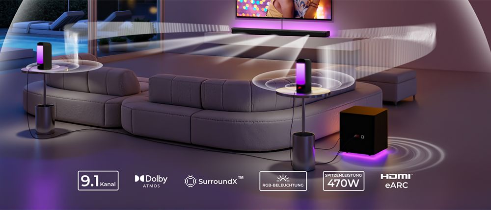 Ultimea Apollo S90 9.1-Kanal-Soundbar, Dolby Atmos, 470 W Spitzenleistung, RGB-Beleuchtung, App-Steuerung, 121 voreingestellte EQ-Matrizen, Bluetooth 5.3, abnehmbares Design