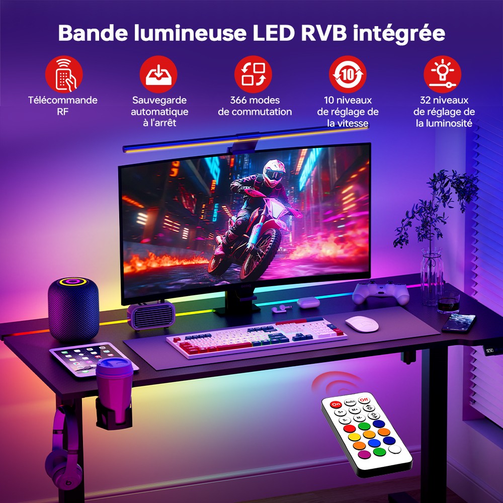 ACGAM JSD5-A1-02 Bureau &eacute;lectrique r&eacute;glable en hauteur avec bande LED RGB