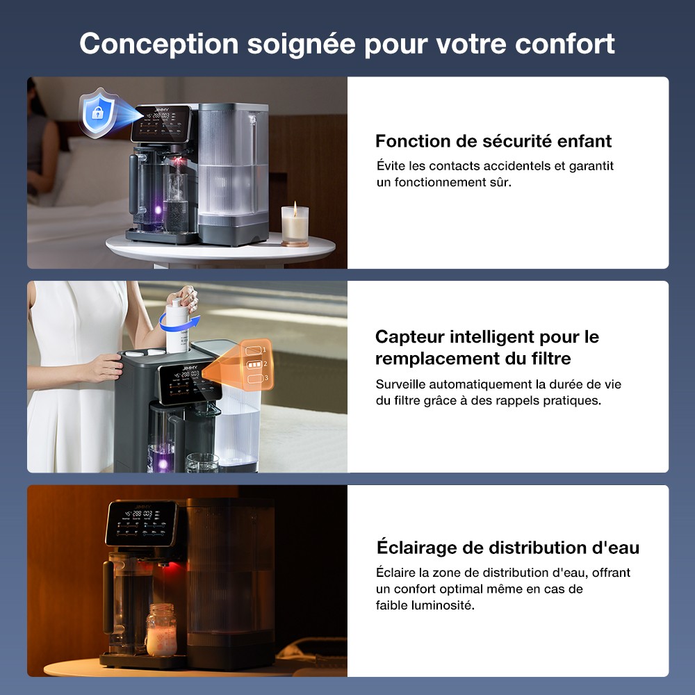 JIMMY R9 Purificateur d'Eau &agrave; Osmose Inverse pour Plan de Travail, 7 &Eacute;tapes + UV + Min&eacute;ralisation, Chauffage 3s, 7 Temp&eacute;ratures, Ratio 3:1, Gris