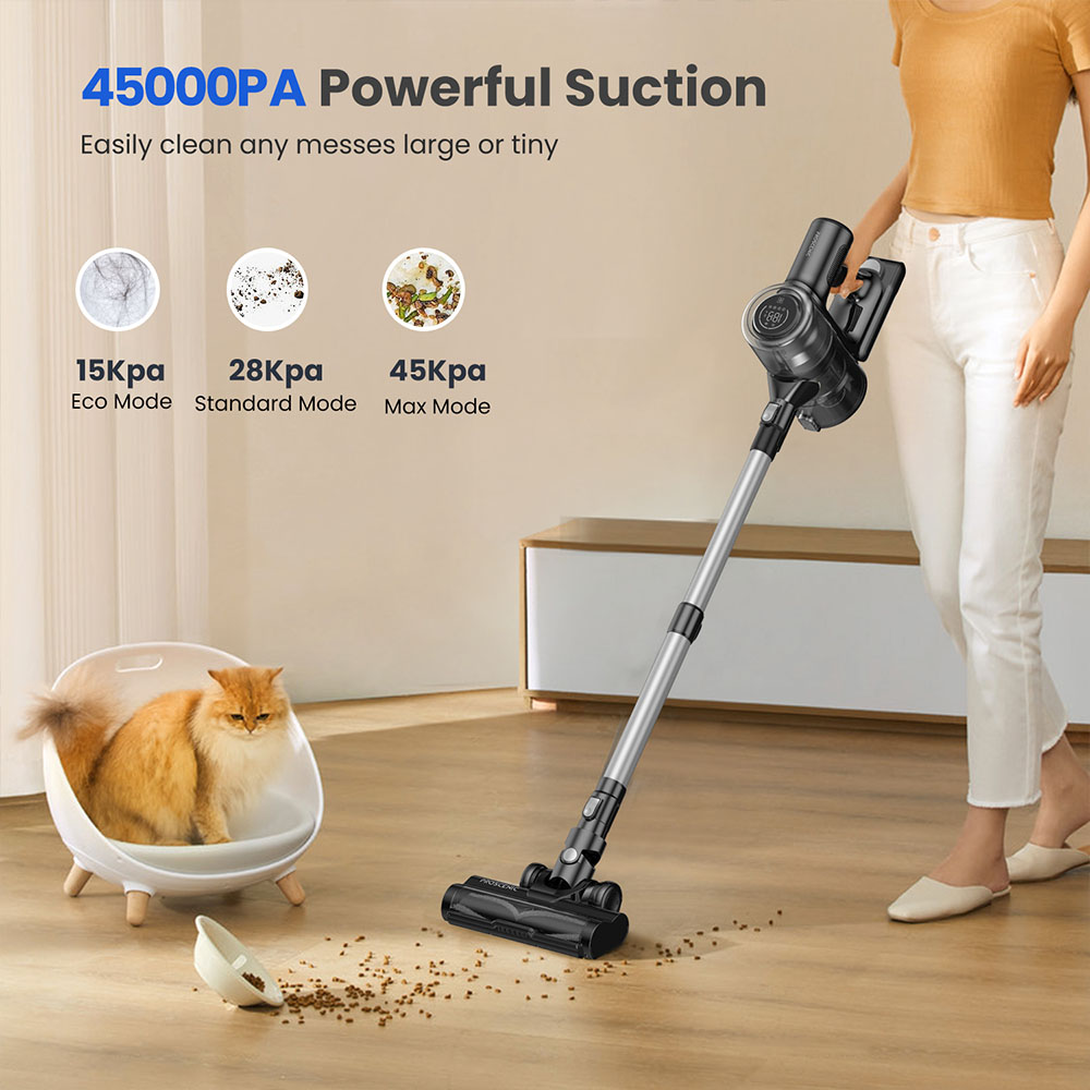 Aspirateur sans fil Proscenic P13, aspiration 35 kPa, aspirateur balai avec lumi&egrave;re verte, affichage LED, autonomie maximale de 45 minutes, poubelle de 1,2 L, brosse &agrave; rouleau anti-enchev&ecirc;trement, syst&egrave;me de filtration &agrave; 5 couches, pour poils d'animaux, sols durs et tapis, gris