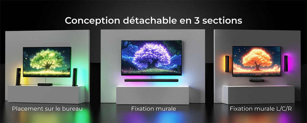 Ultimea Apollo S90 Barre de son 9.1 canaux, Dolby Atmos, puissance de crête de 470 W, éclairage RVB, contrôle par application, 121 matrices d'égalisation prédéfinies, Bluetooth 5.3, design détachable