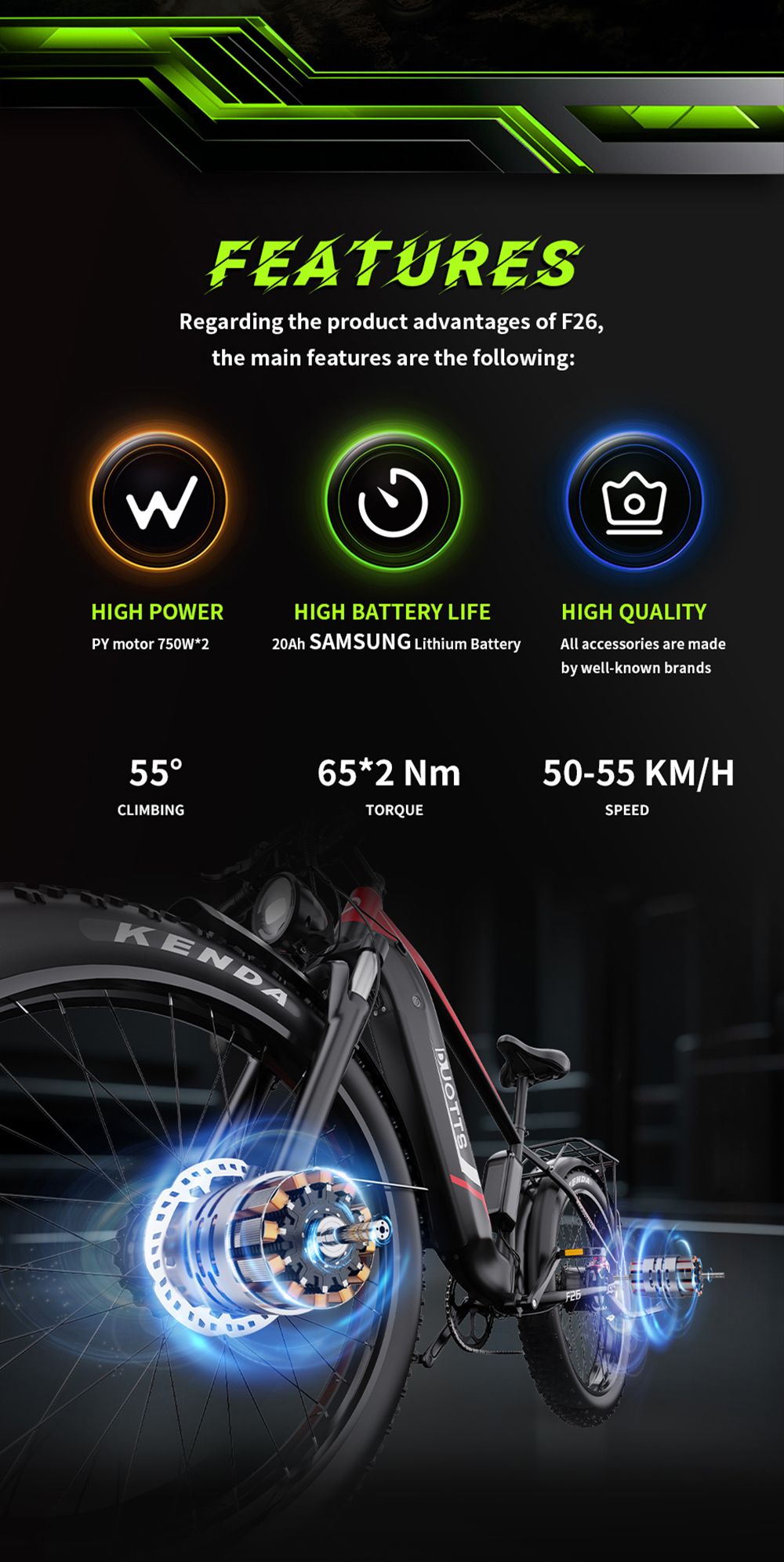 DUOTTS F26 elektromos hegyikerékpár 750W * 2 kettős motor Samsung 48V 20Ah akkumulátor 26 * 4,0 hüvelykes zsírgumik 55Km/h maximális sebesség 55 fokos mászás intelligens színes kijelző APP kettős tárcsafék 150KG maximális terhelés 100KM hatótávolság intelligens APP - fekete