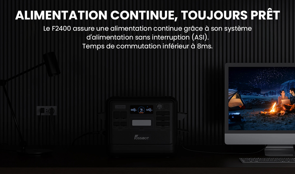 Centrale &eacute;lectrique portable FOSSiBOT F2400, batterie LiFePO4 2048 Wh/640&nbsp;000 mAh, g&eacute;n&eacute;rateur solaire 2&nbsp;400 W (4&nbsp;600 W en cr&ecirc;te), 3 prises AC RV Car USB Type-C QC3.0 PD DC5521 &agrave; onde sinuso&iuml;dale pure, charge rapide en 1,5 heure, contr&ocirc;leur de charge MPPT BMS - Noir