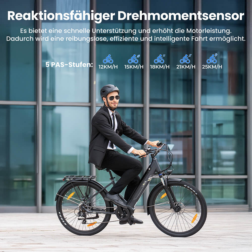 Touroll Urbano 3 Elektrofahrrad, 250-W-Mittelmotor, 36-V-13-Ah-Akku, 27,5-Zoll-Reifen, 25 km/h H&ouml;chstgeschwindigkeit, 120 km Reichweite, hydraulische Scheibenbremse, Federgabel mit Verriegelung