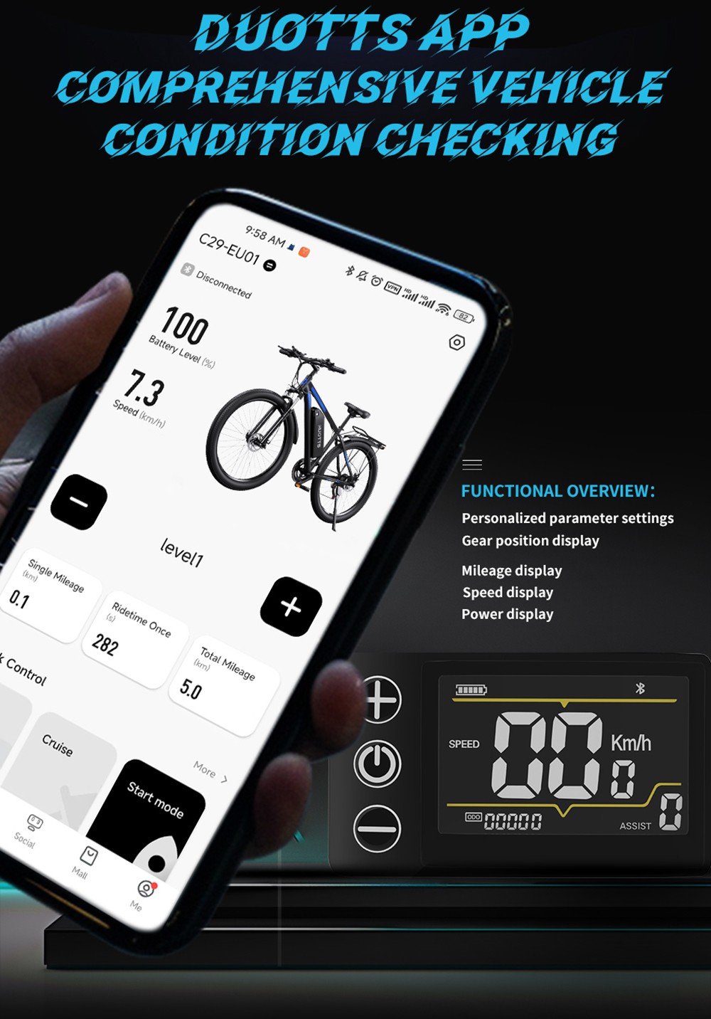DUOTTS C29 Vélo électrique 750 W VTT double batterie 15 Ah Vitesse maximale 50 km/h Shimano 21 vitesses Smart APP - Noir