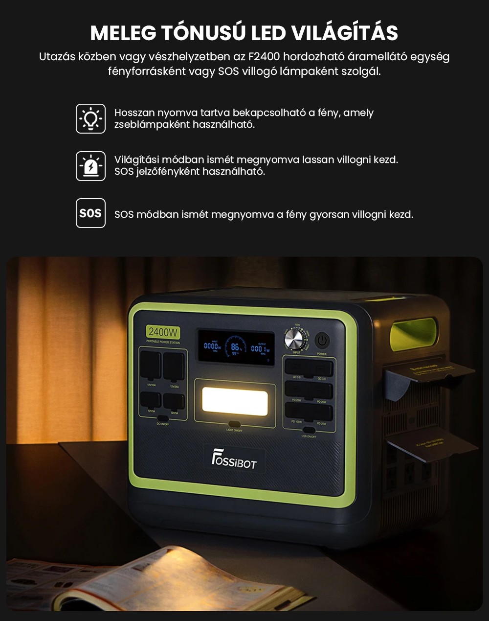 FOSSiBOT F2400 hordozhat&oacute; erőmű, 2048 Wh LiFePO4 akkumul&aacute;tor, 2400 W teljes&iacute;tm&eacute;nyű napelemes gener&aacute;tor, 3xAC lak&oacute;aut&oacute;s USB C t&iacute;pus&uacute; QC3.0 PD DC5521 tiszta szinuszhull&aacute;m&uacute; teljes aljzat, 1,5 &oacute;r&aacute;s gyors t&ouml;lt&eacute;s, bemeneti teljes&iacute;tm&eacute;nyszab&aacute;lyoz&oacute; gomb, k&eacute;tir&aacute;ny&uacute; inverter - z&ouml;ld