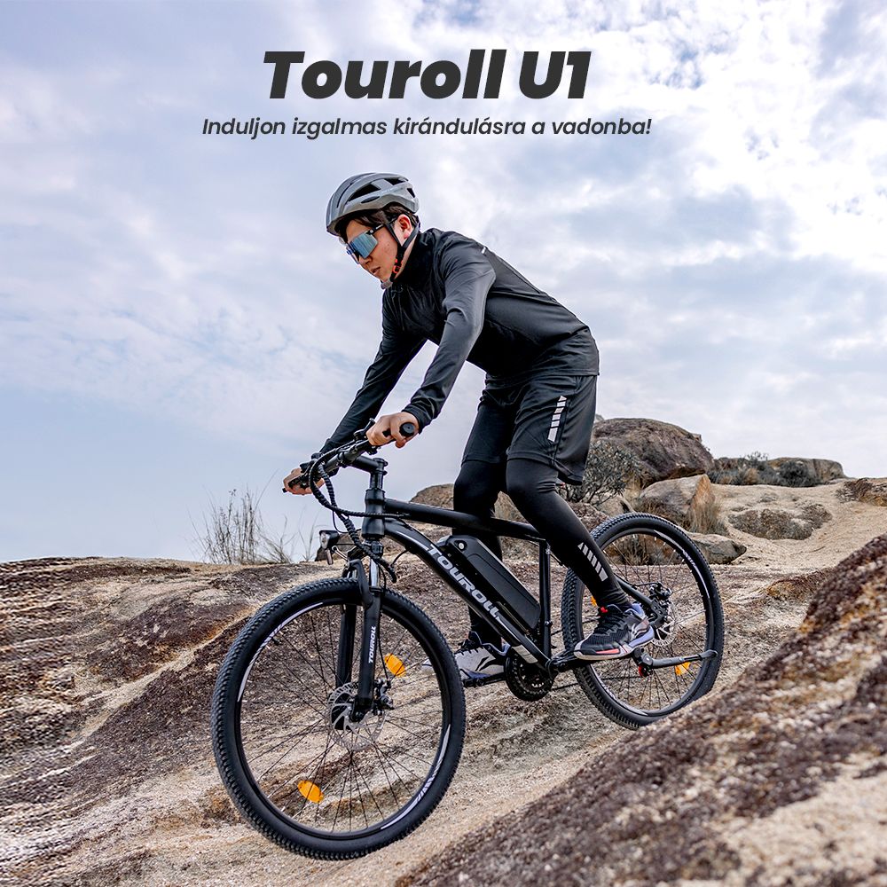 Touroll U1 26 h&uuml;velykes elektromos hegyiker&eacute;kp&aacute;r 250 W-os motorral, 36 V 13 Ah kivehető akkumul&aacute;torral, 65 km-es max. hat&oacute;t&aacute;vols&aacute;ggal, Shimano 21 sebess&eacute;ges hajt&aacute;sl&aacute;nccal, Shimano 21 sebess&eacute;ges t&aacute;rcsaf&eacute;kkel, IPX4 v&iacute;z&aacute;ll&oacute;s&aacute;ggal - fekete
