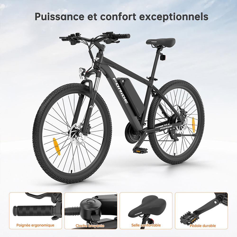 Foride Xtremer 2 V&eacute;lo &eacute;lectrique, moteur 250 W, batterie 36 V 15,6 Ah, pneus 29 pouces, vitesse maximale 25 km/h, autonomie maximale 120 km, frein &agrave; disque hydraulique, fourche &agrave; suspension verrouillable, transmission Shimano 24 vitesses