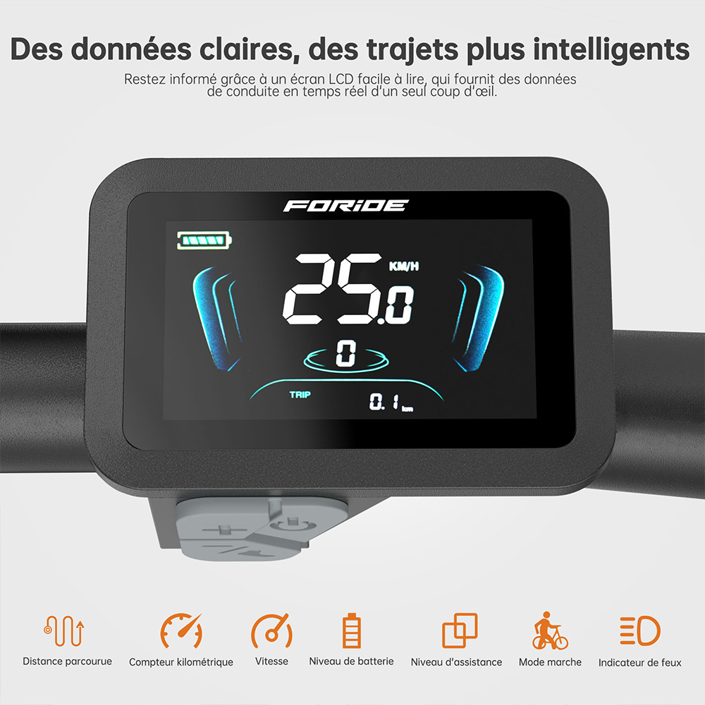 Foride Xtremer 2 V&eacute;lo &eacute;lectrique, moteur 250 W, batterie 36 V 15,6 Ah, pneus 29 pouces, vitesse maximale 25 km/h, autonomie maximale 120 km, frein &agrave; disque hydraulique, fourche &agrave; suspension verrouillable, transmission Shimano 24 vitesses