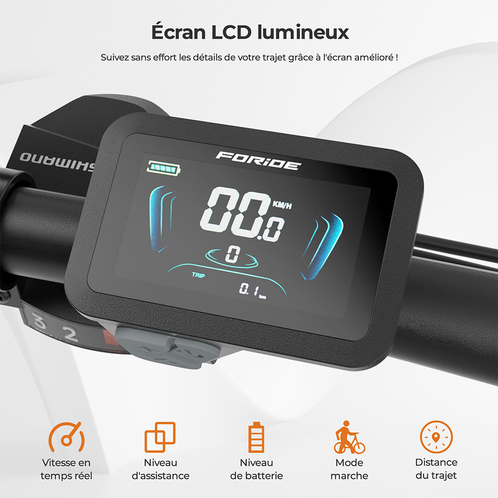 Foride Xtremer 1 Vélo électrique, moteur 250 W, batterie 36 V 13 Ah, pneus 29 pouces, vitesse maximale 25 km/h, autonomie maximale 100 km, freins à disque et freins à main, suspension avec blocage, transmission Shimano 21 vitesses