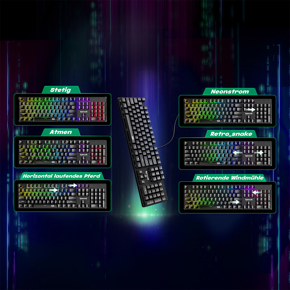 Redragon K671-DE Mechanische Tastatur mit 105 Tasten und Ziffernblock, Regenbogen-Hintergrundbeleuchtung, roter Schalter, DE-Layout, Schwarz