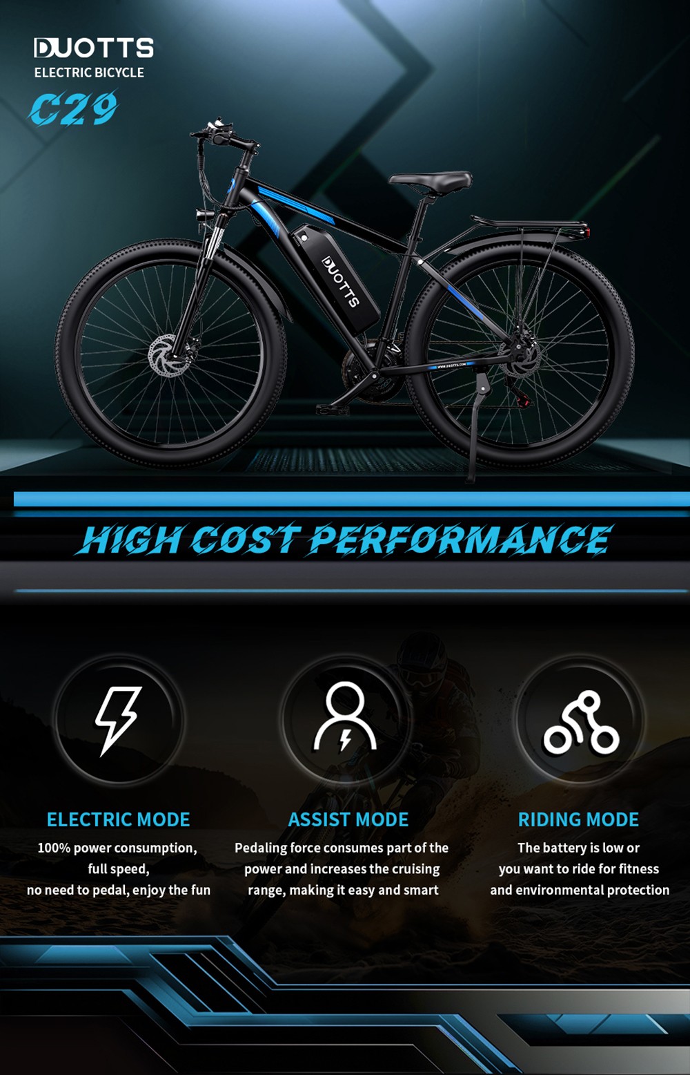 DUOTTS C29 Vélo électrique 750 W VTT double batterie 15 Ah Vitesse maximale 50 km/h Shimano 21 vitesses Smart APP - Noir