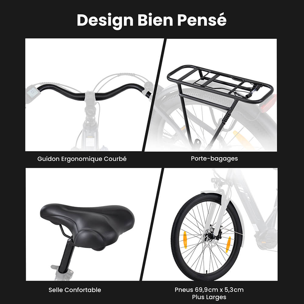 Touroll Urbano 3 V&eacute;lo &eacute;lectrique, moteur central 250 W, batterie 36 V 13 Ah, pneus 27,5 pouces, vitesse maximale 25 km/h, autonomie 120 km, frein &agrave; disque hydraulique, fourche &agrave; suspension avec blocage