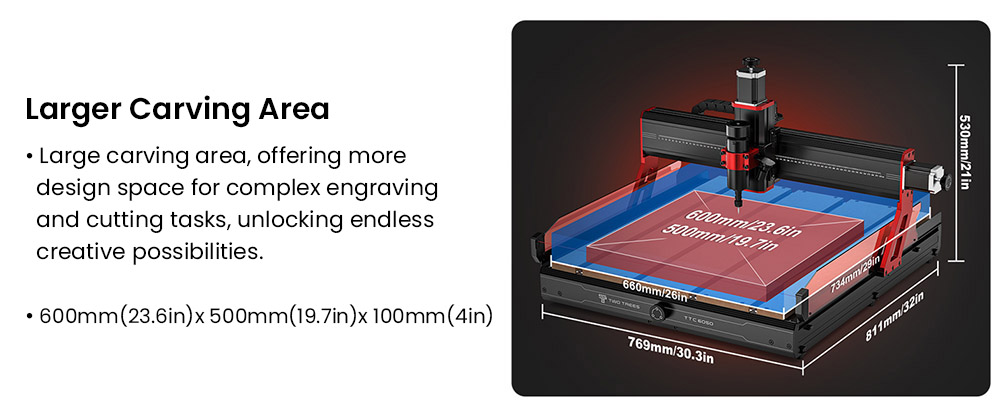 TWO TREES TTC6050 CNC Router Machine, 500W Spindle Motor, 4-Axis, 5000mm/min Speed, 600x500x100mm - EU Plug