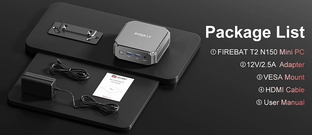 FIREBAT T2 Mini PC, Intel N150 4 jadrá max. 3,6 GHz, 16 GB RAM 512 GB SSD, DP + HDMI 4K Dual Screen Display, WiFi 5 Bluetooth 4.2, 2*USB3.2, 2*USB2.0, 1*LAN, 1*Audio