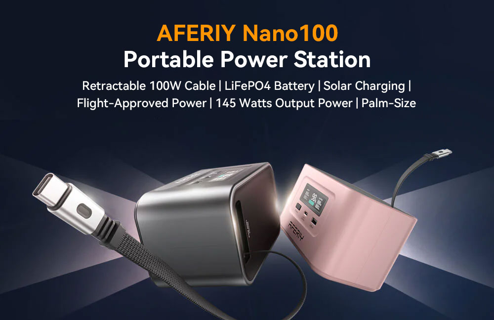 AFERIY Nano100 Portable Power Station, 100W 99.2Wh, teleskopický kábel typu C, prenosná v lietadle, 1.5h plné nabitie, 3000+ cyklov LiFePO₄ batéria