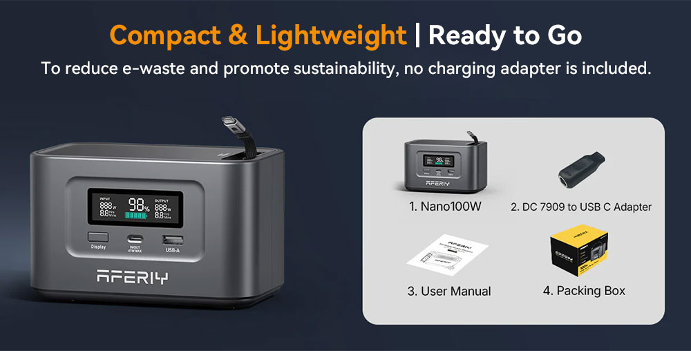 AFERIY Nano100 Portable Power Station, 100W 99,2Wh, teleskopický kábel typu C, prenosná v lietadle, 1.5h plné nabitie, 3000+ cyklov LiFePO₄ batéria