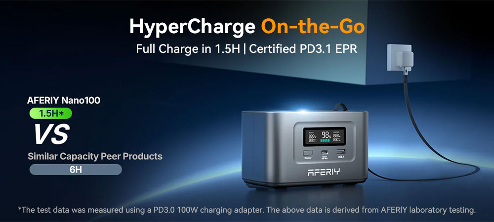 AFERIY Nano100 Portable Power Station, 100W 99.2Wh, Telescopic Type-C Cable, Carry-on Airplane, 1.5h Full Charge, 3000+ Cycles LiFePO₄ Battery