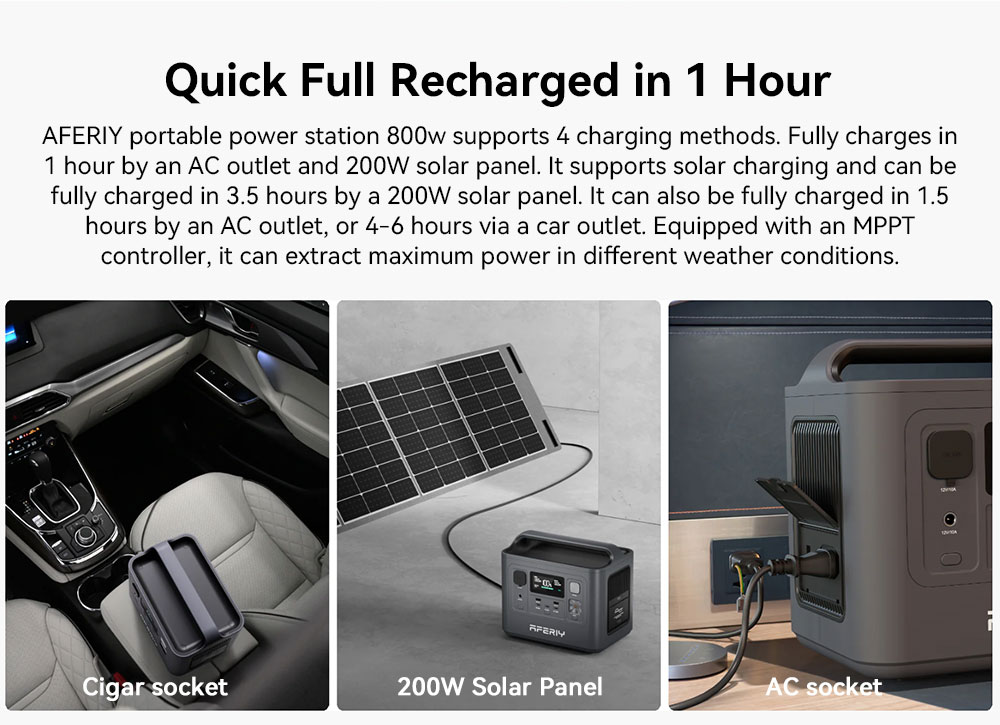 AFERIY P010 Prenosná elektrocentrála, vonkajší generátor 800W 512Wh, 8 výstupov, 1.5H plné nabitie, 3500+ cyklov LiFePO₄ batéria