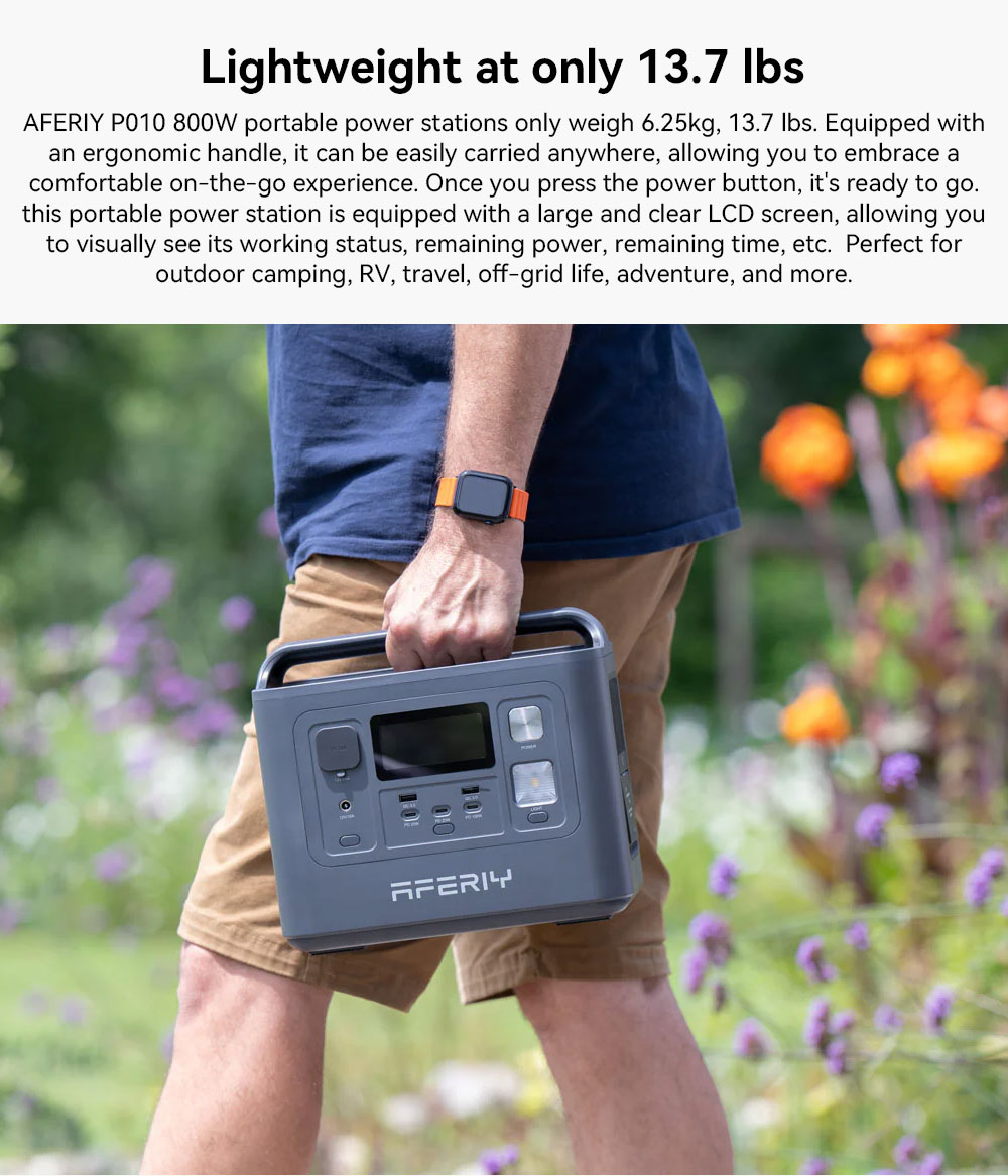 AFERIY P010 Prenosná elektrocentrála, 800W 512Wh vonkajší generátor, 8 výstupov, 1.5H plné nabitie, 3500+ cyklov LiFePO₄ batéria