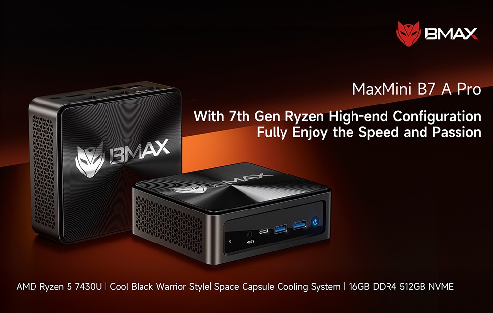 BMAX B7A Pro Mini PC, AMD Ryzen 5 7430U 6 jadier max. 4,3 GHz, 16 GB RAM 512 GB SSD, DP+HDMI+Type-C 4K Triple Display, WiFi 6 Bluetooth 5.2, 2*USB3.2, 2*USB2.0, 1*RJ45, 1*Headset Jack