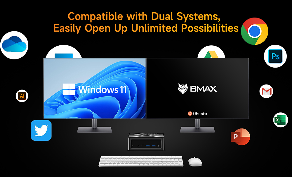 BMAX B7A Pro Mini PC, AMD Ryzen 5 7430U 6 jadier max. 4,3 GHz, 16 GB RAM 512 GB SSD, DP+HDMI+Type-C 4K Triple Display, WiFi 6 Bluetooth 5.2, 2*USB3.2, 2*USB2.0, 1*RJ45, 1*Headset Jack