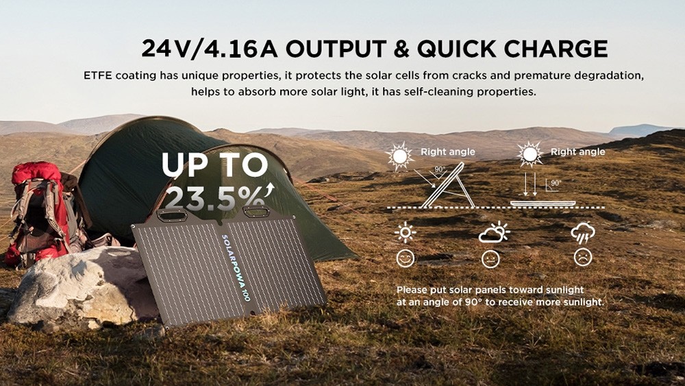 Bigblue SolarPowa 100 100W Foldable Solar Panel with Kickstands, 23.5% Energy Conversion Rate, IP65 Waterproof
